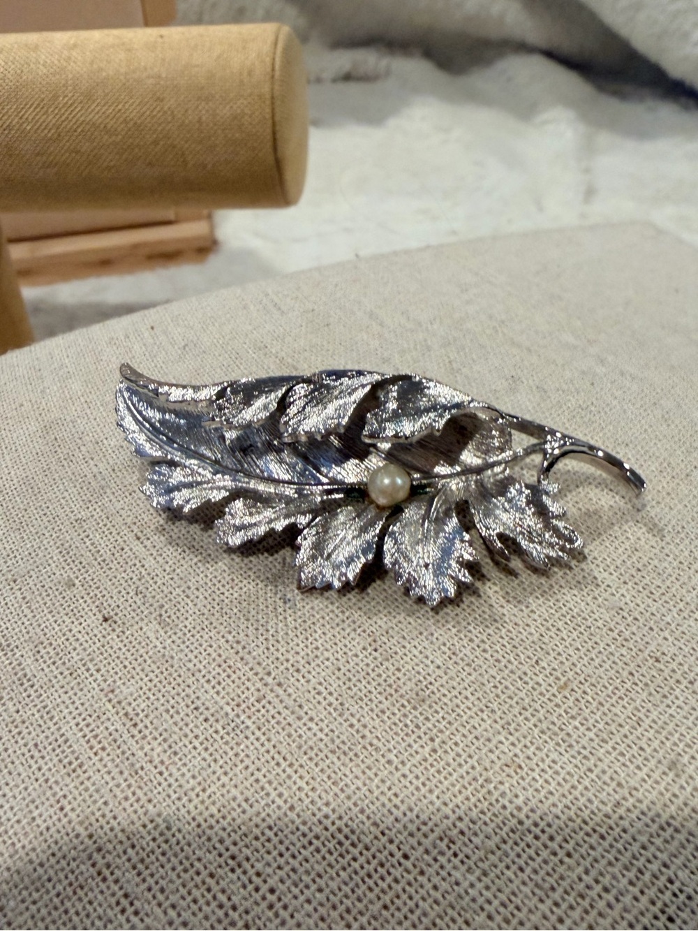 Vintage Coro Pegasus Silver Oak Leaf Brooch with Pearl Accent